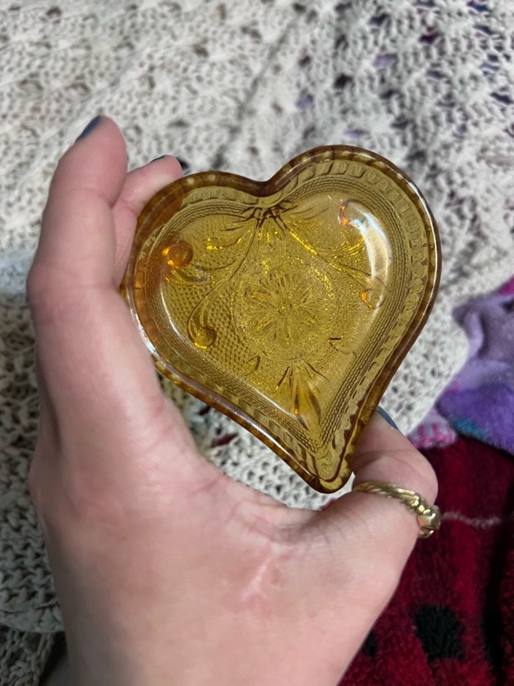Heart-Shaped Amber Glass Trinket Dish